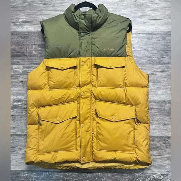 PRANA Men's Two-Tone Timber Trail Puffer Vest Peat Olive Colorblock Large - Picture 1 of 7